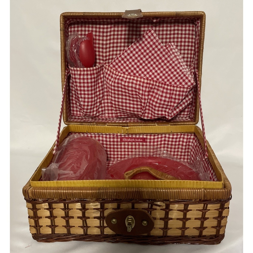 Vintage Elizabeth Arden Wicker Picnic Basket & Setting For 4 Gingham Never Used